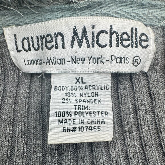 Lauren Michelle Gray Knit Open Front Cardigan XL Metallic Silver Faux Fur Trim - Picture 6 of 7